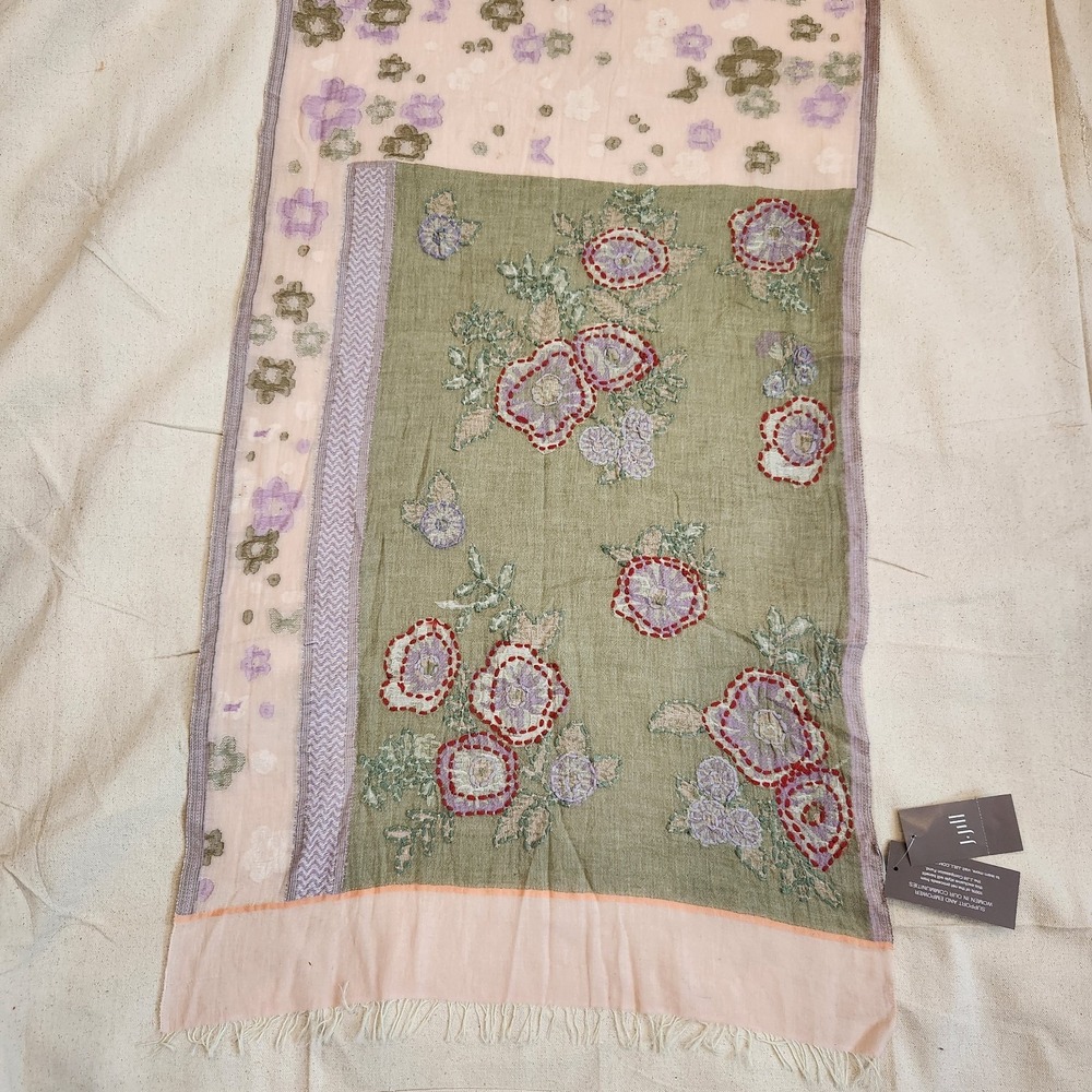 New J. Jill Cotton Floral Embroidered Fringe Scarf Pink Green Kantha Light